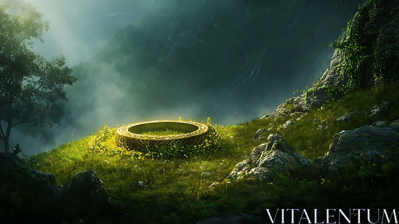Ancient golden portal ring glowing in misty forest clearing.