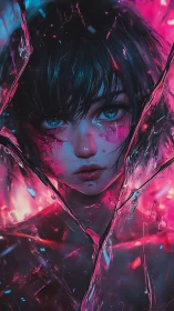 Portrait shows digital figure framed by fractured glass shards