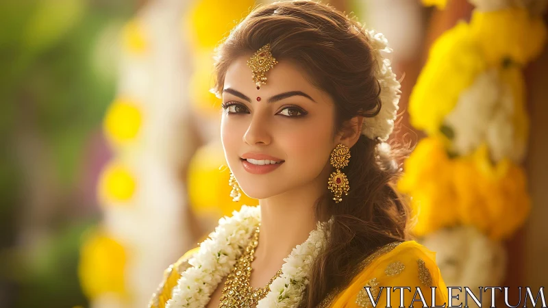 Photorealistic bridal portrait with floral garland detailing.