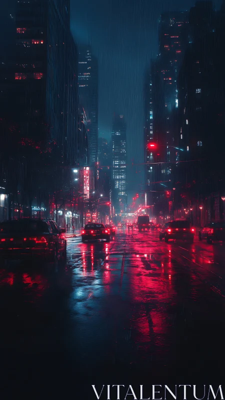Neon-soaked rainy avenue under cyan and crimson glow.