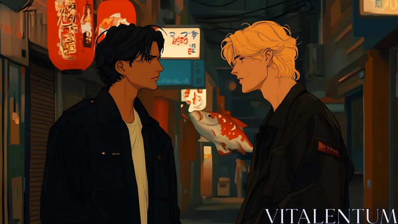 Midnight alley standoff beneath glowing koi lanterns.