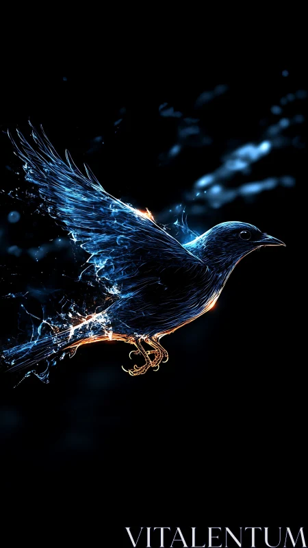 Luminous neon bird bursts from darkness in electric motion