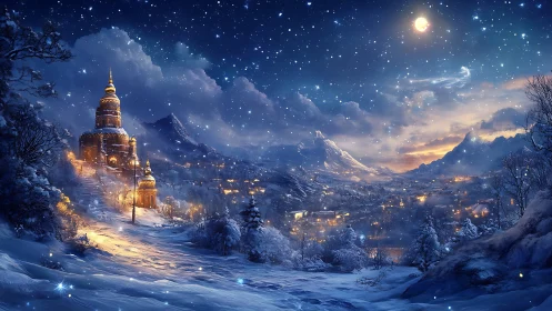 Winter mountain town with illuminated domed hilltop structure.