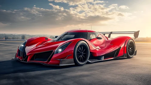 Crimson hypercar prowls sunlit tarmac in sculpted fury.