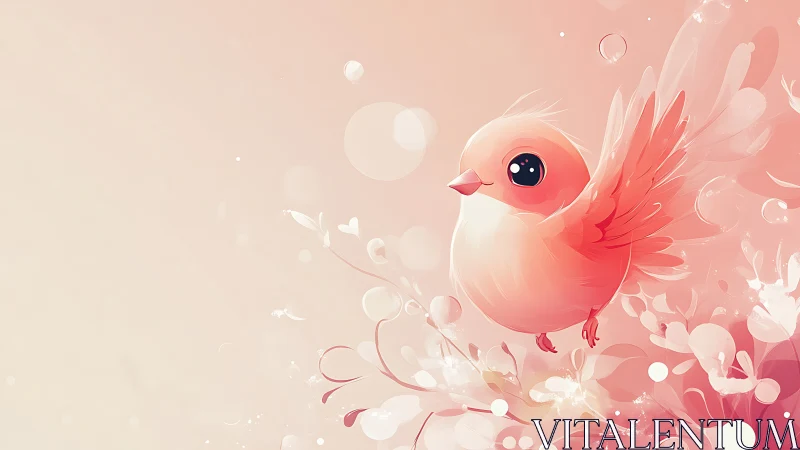 Pastel pink songbird with oversized eyes in soft bokeh bloom