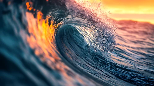 Breaking ocean wave captures sunset light in high detail