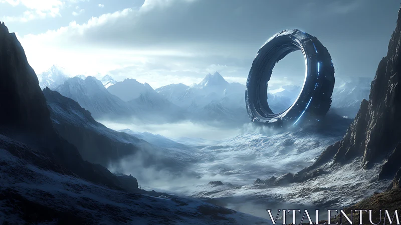 Silent wormhole halo above a frostbitten alien valley.