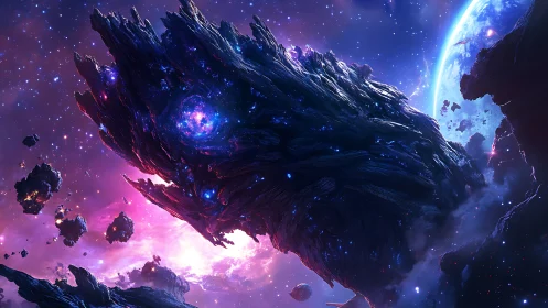 Stellar leviathan of crystal rock drifting through violet void.