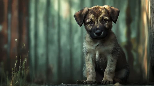 Small wet puppy waits in soft green-shadowed backyard hush.