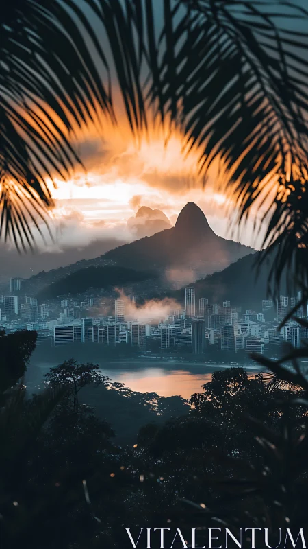 Urban skyline, mountain peak and lake framed by palm fronds