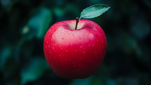 Ripe red apple hangs in sharp focus against dark foliage.