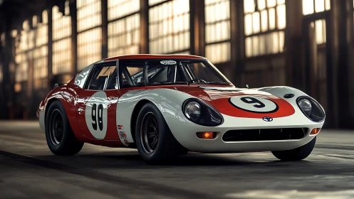 Vintage Toyota race car in sunlit industrial hangar.