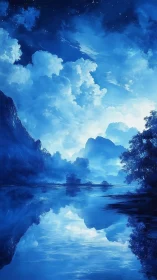 Moonlit blue valley reflected in a calm dreamlike lake.