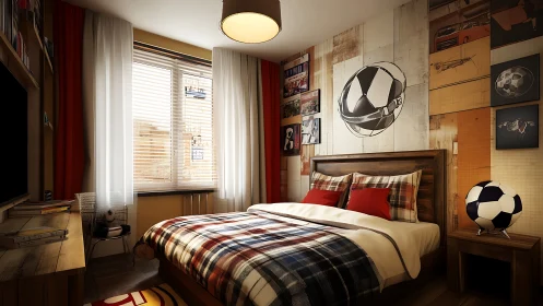 Soccer dreamer’s plaid retreat under warm evening window glow.