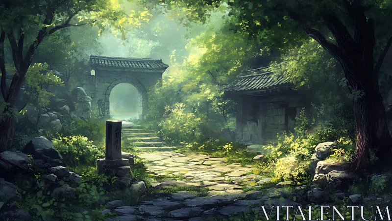Sunlit stone path leads to a tranquil forest shrine gate.
