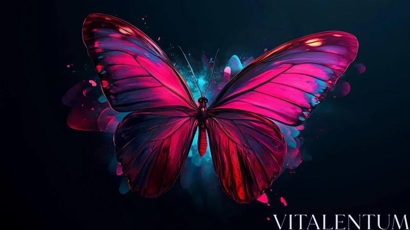 Vibrant neon butterfly with glowing wings on dark background.