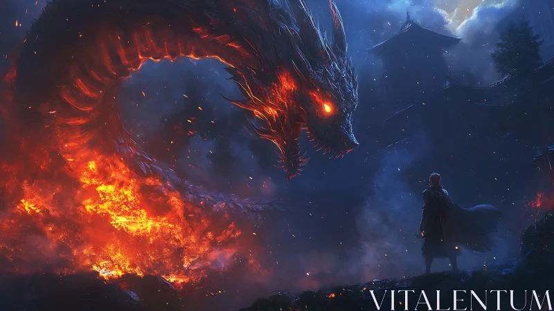Digital painting of fiery dragon confronting lone warrior at night.