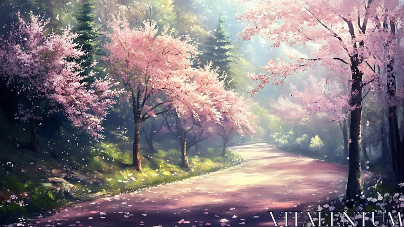 Digital painting of sunlit cherry blossom forest path scene.