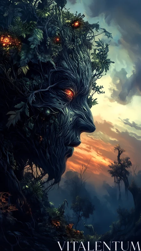 Ancient forest guardian gazes softly across the misty dawn sky
