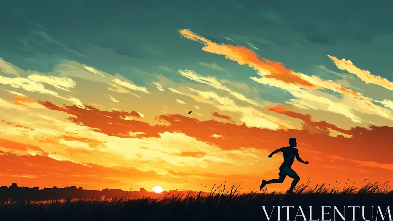 Silhouette runner crossing grassland at orange sunset sky.