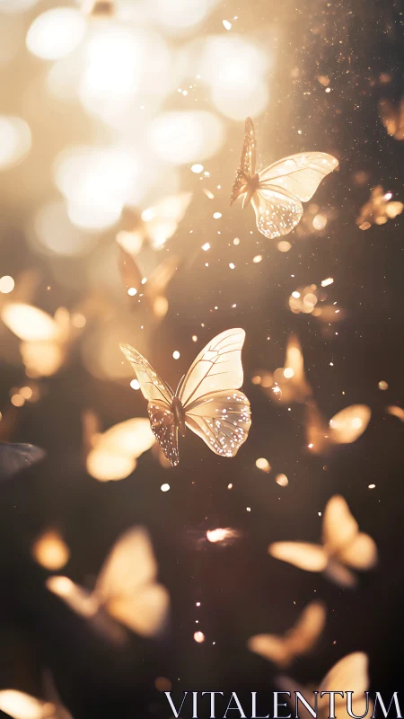 Golden butterflies hover in backlit air with floating dust
