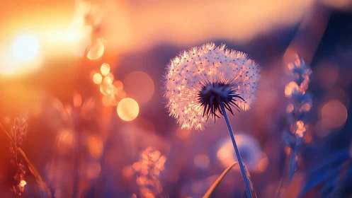 Backlit dandelion seed head rendered in warm sunset bokeh