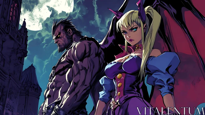 Winged demon pair under full moon in gothic setting.