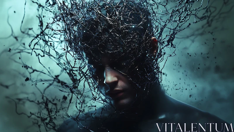 Human figure dissolves into tangled digital neural strands