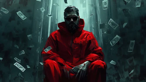 Man in red jumpsuit seated amid falling banknotes.