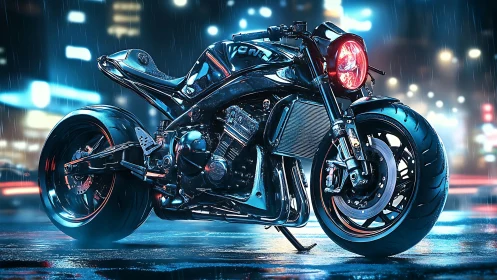 Custom cyber-noir motorcycle rendered in neon rain-soaked cityscape