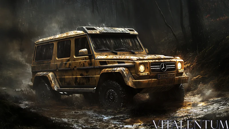 Mud covered Mercedes SUV driving through dark forest trail.