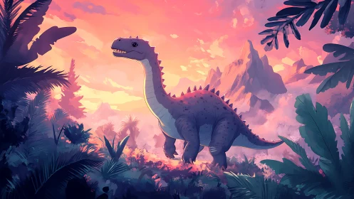Cartoon dinosaur wandering through glowing jungle sunset.