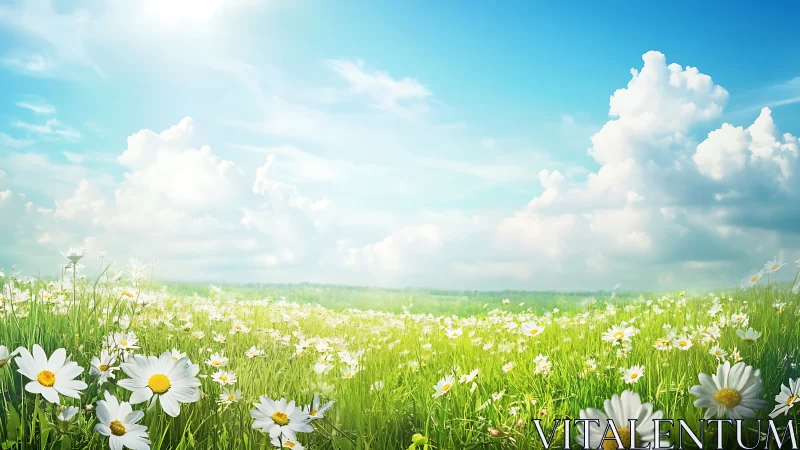 Sunlit daisy meadow under wandering cloud castles of spring.