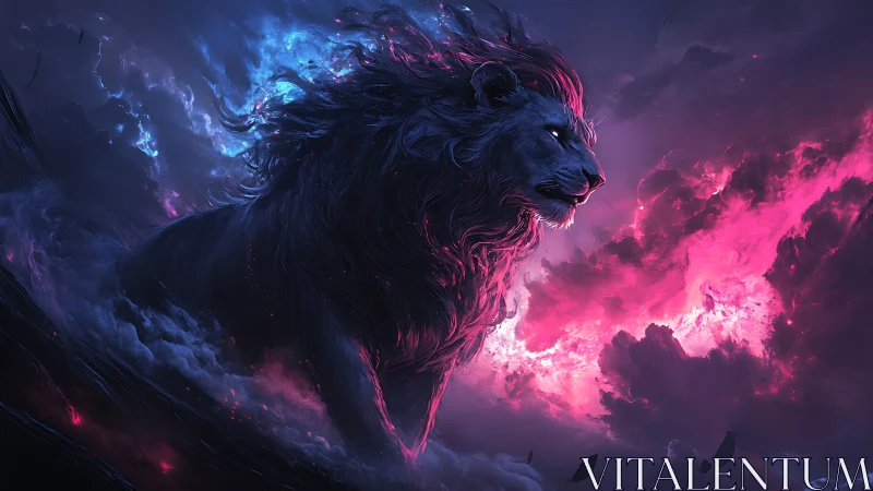 Cosmic neon lion strides through bifurcated magenta and cyan storm