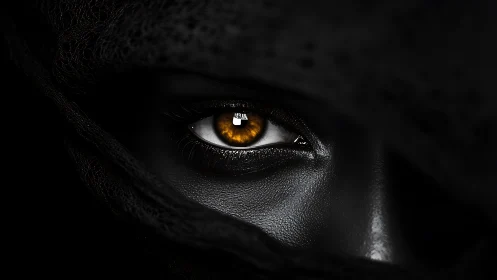 Gleaming amber eye emerges boldly from deep velvet shadows