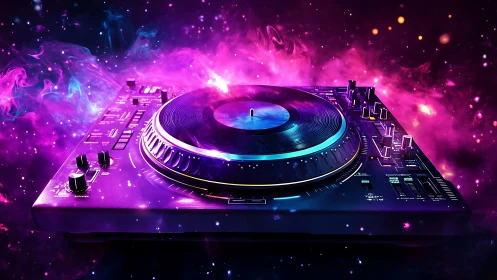 DJ controller sits in neon cosmic space with glowing platter