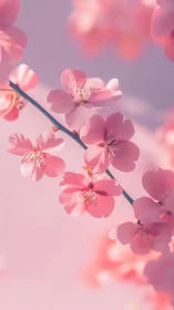 Pink cherry blossoms on branch with soft bokeh background