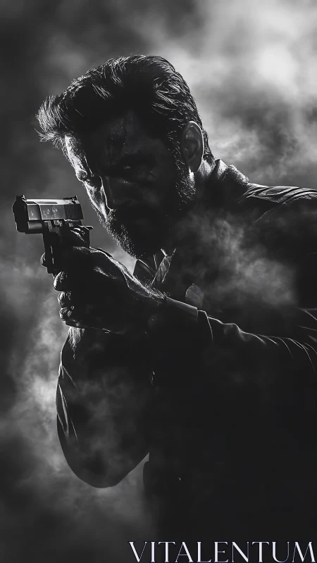Stoic armed man in dramatic smoky monochrome portrait.