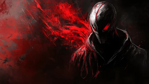 Hooded shadow figure emerges through violent red strokes.