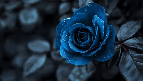 Blue Rose with Water Droplets Against Dark Background