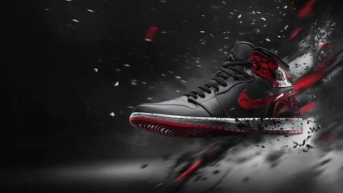 Explosive black and red sneaker in dynamic motion burst.
