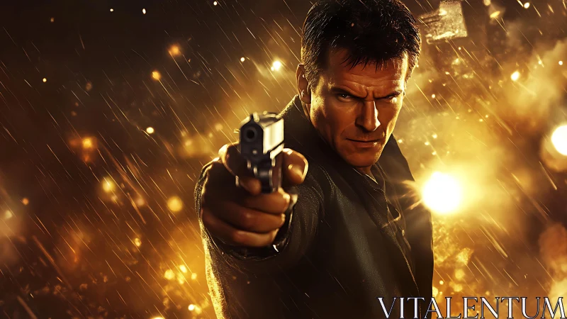 Dynamic gunman portrait captures cinematic action intensity