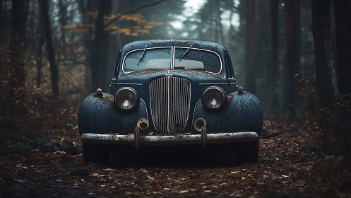 Rusting vintage blue car sits abandoned in dense forest