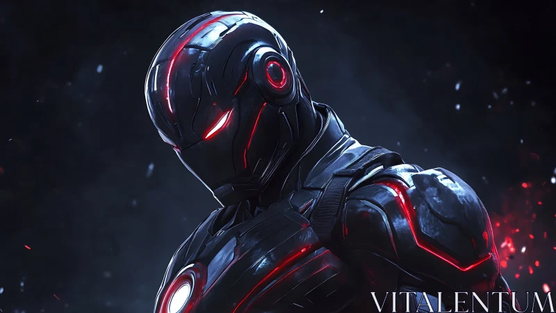 Armored cybernetic warrior in dark red-lit exosuit.