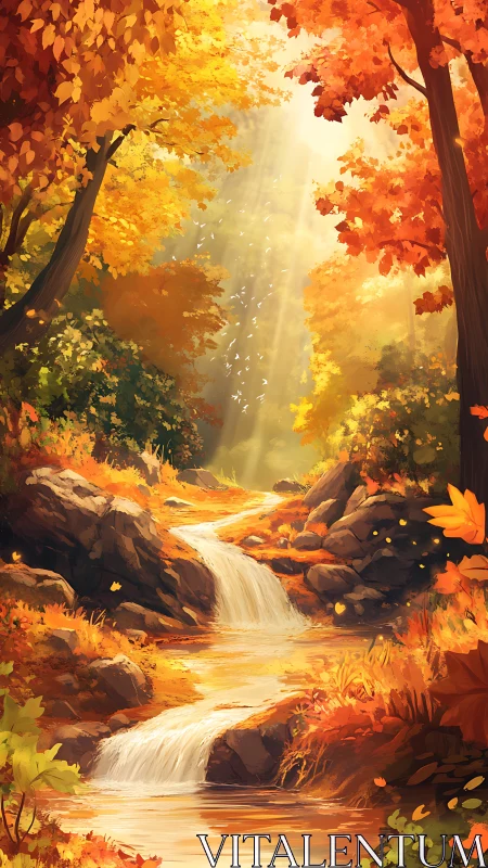 Luminous Autumn Forest Stream with Cascading Waterfall and Radiating Foliage.
