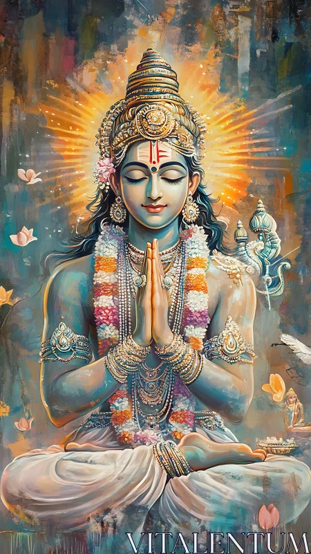 Aurora-blue deity in lotus calm, crowned with sunrise halos.