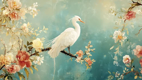 White egret on flowering branch against teal painterly sky