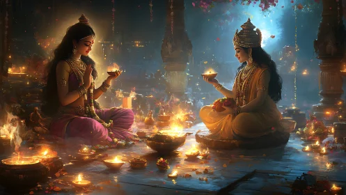Divine temple ritual with glowing lamps and floral offerings.