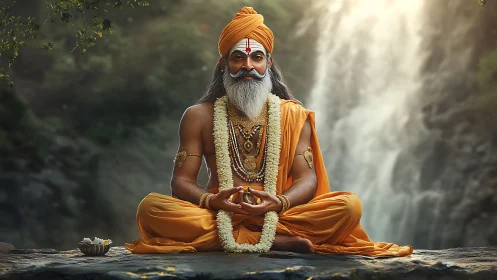 Meditative Hindu sage in saffron robes before misty waterfall.