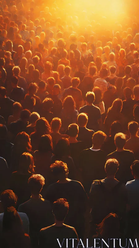 Crowd stands unified beneath a radiant golden sunrise glow